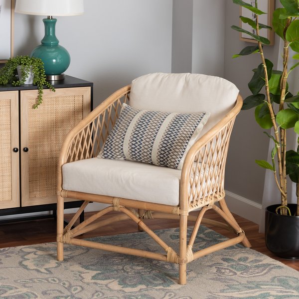 Baxton Studio Patsy Modern Bohemian White Fabric and Natural Brown Rattan Armchair 224-12730-ZORO